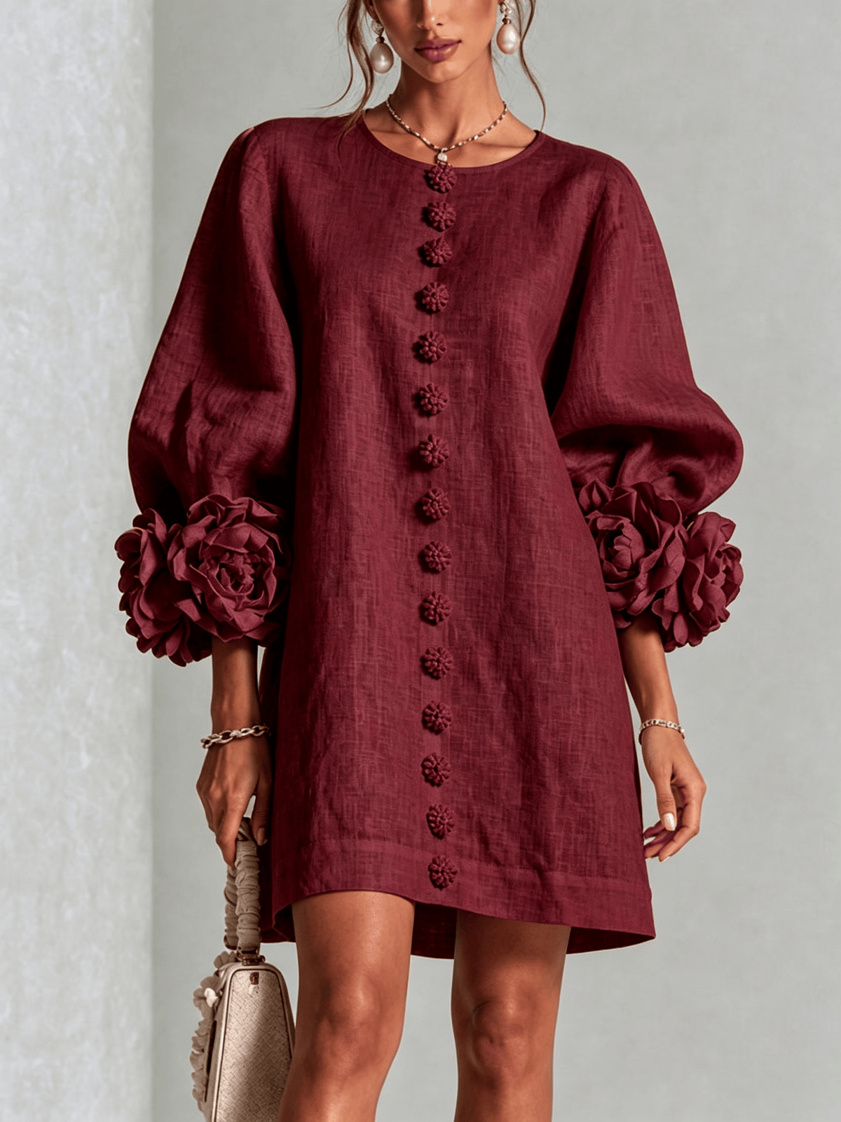 Mini vestido de lino premium rojo vino de Cero Love Studio