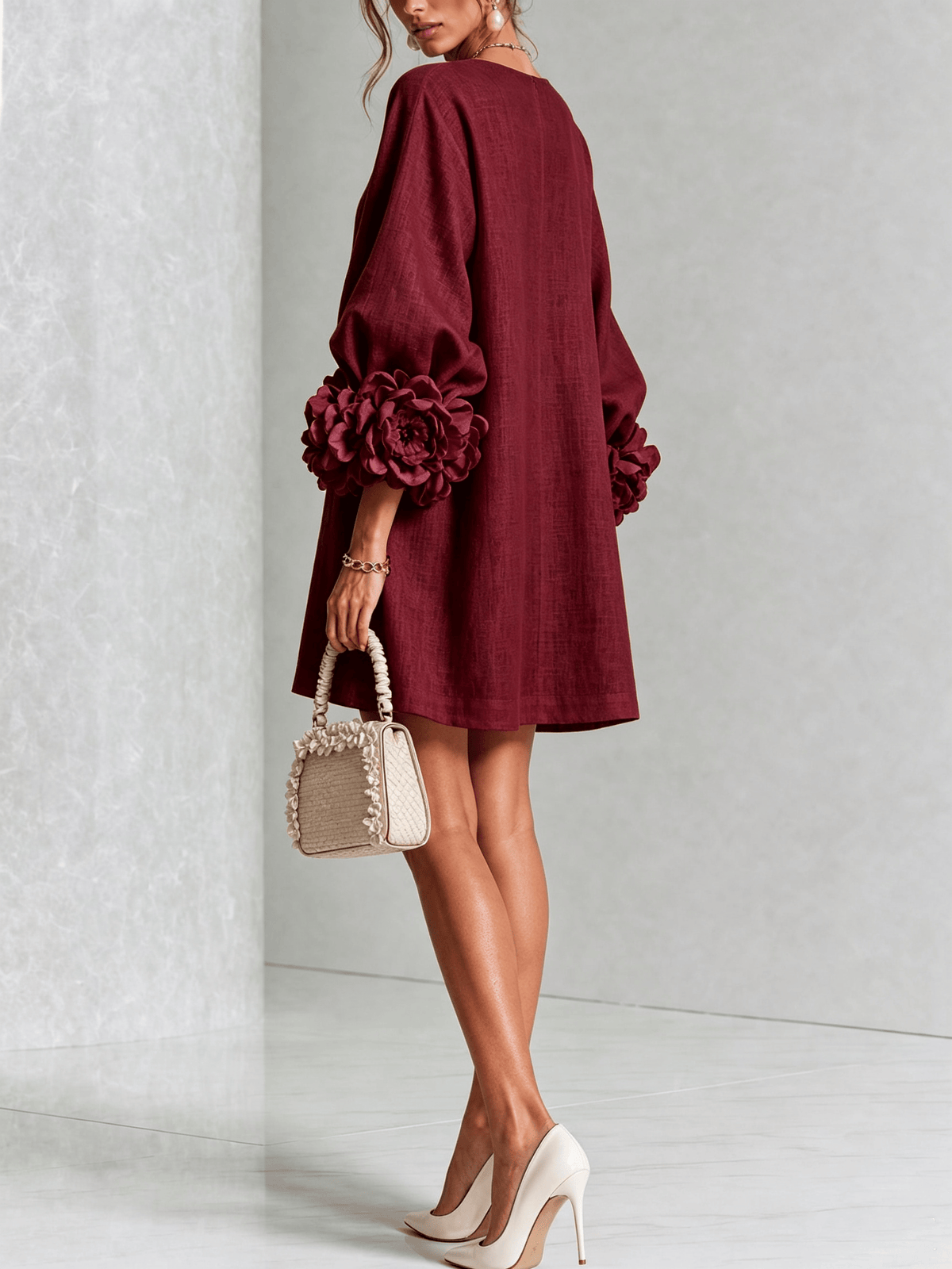 Mini vestido de lino premium rojo vino de Cero Love Studio