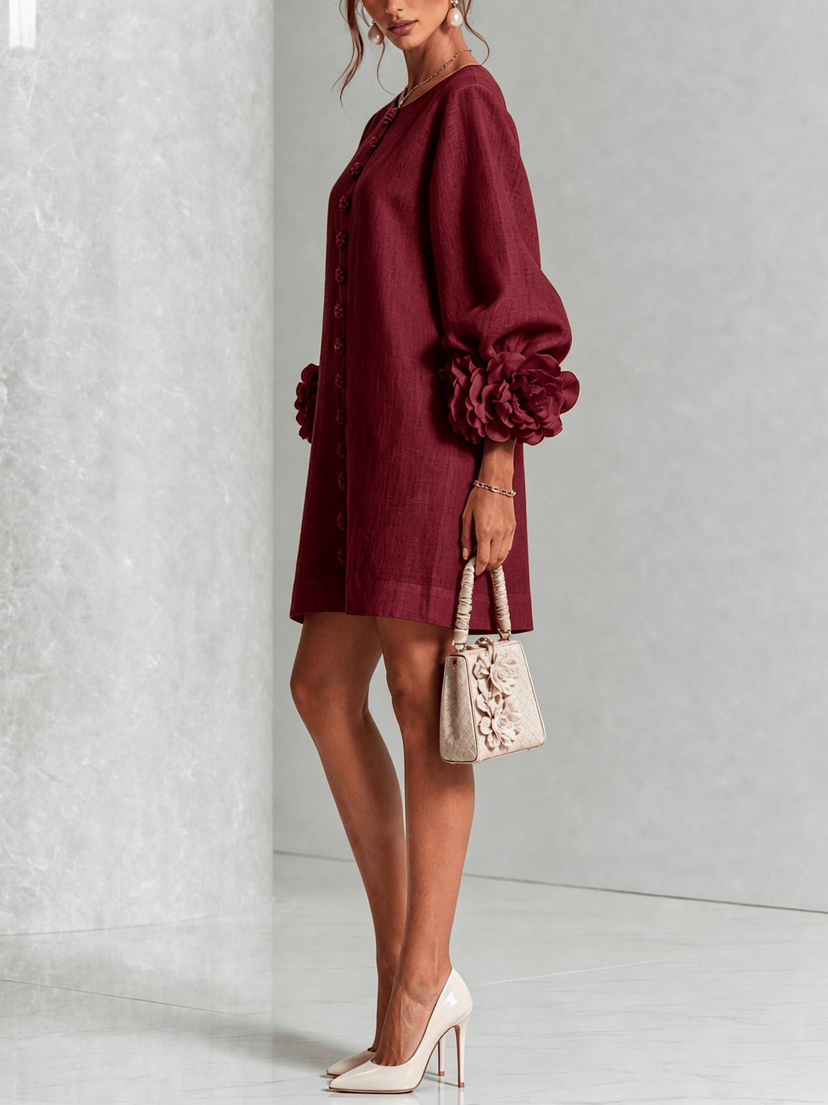 Mini vestido de lino premium rojo vino de Cero Love Studio