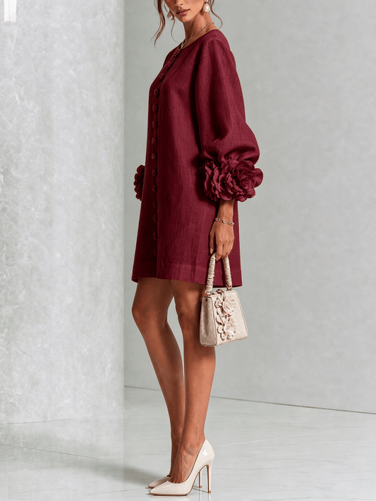 Mini vestido de lino premium rojo vino de Cero Love Studio