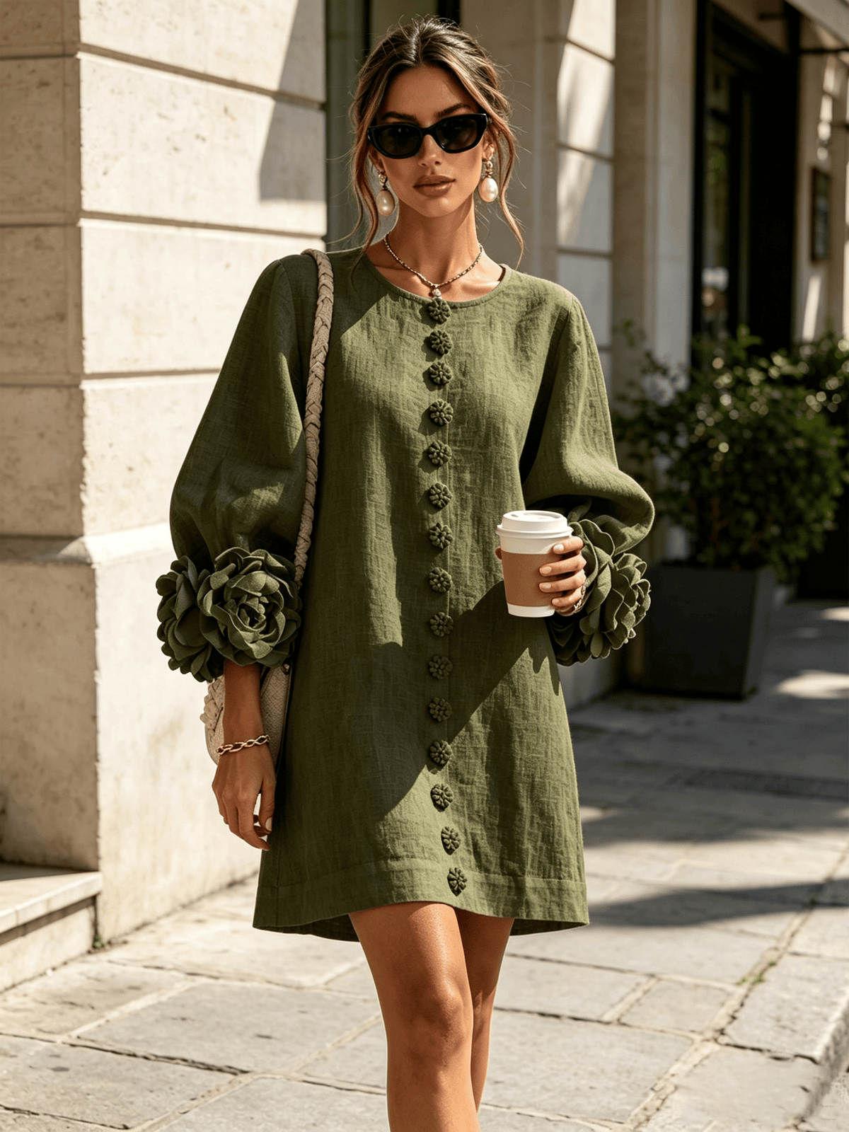 Mini vestido de lino premium verde oscuro de Cero Love Studio