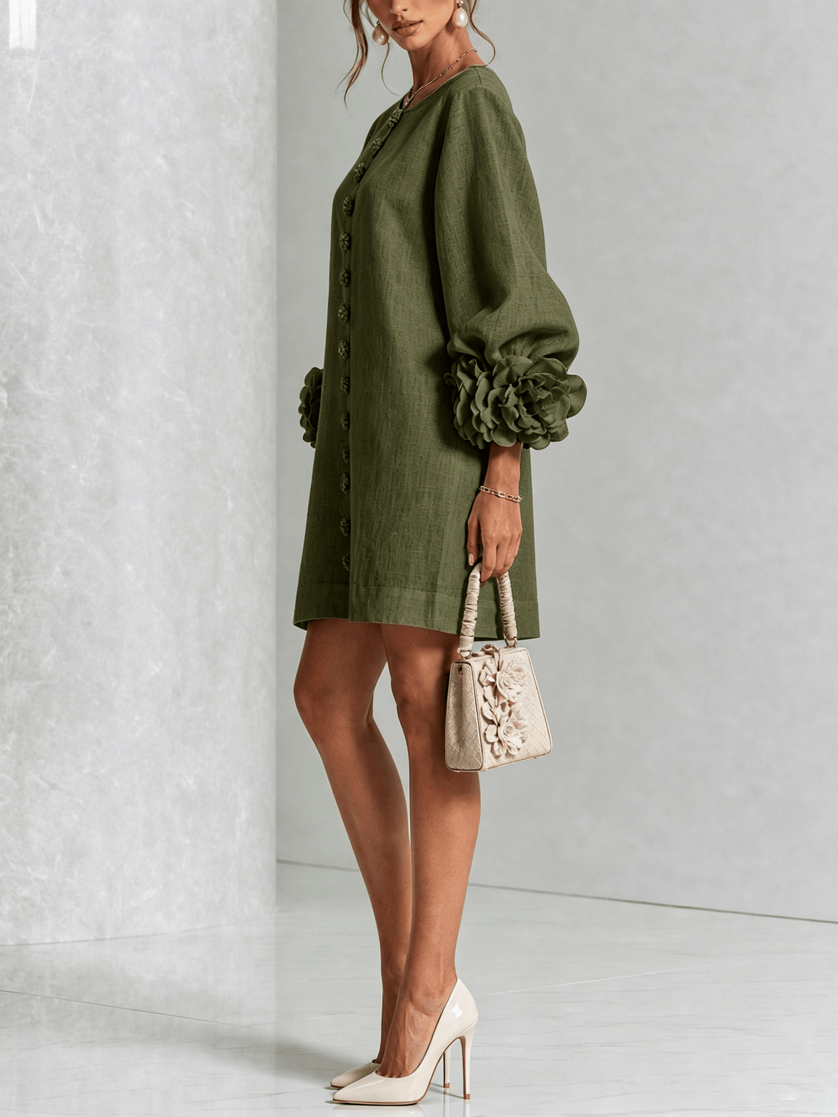 Mini vestido de lino premium verde oscuro de Cero Love Studio