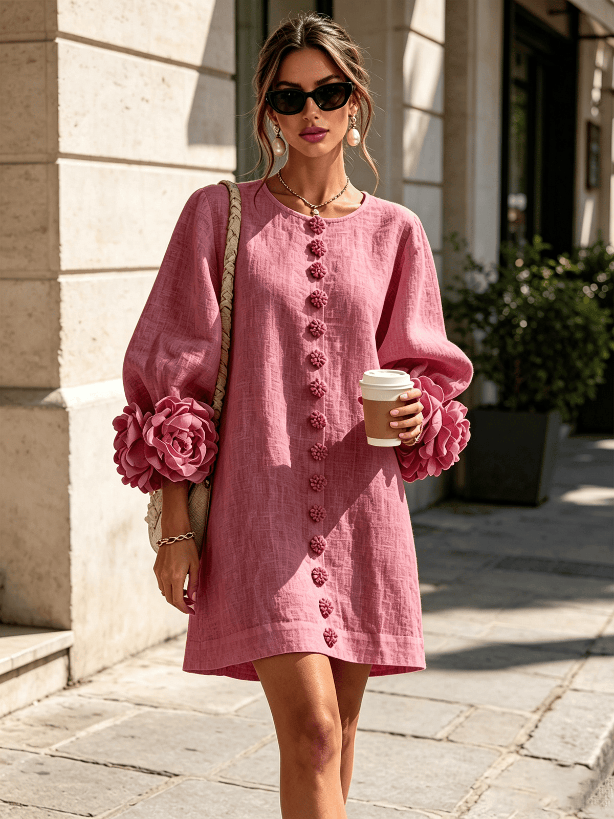 Mini vestido de lino premium rosa de Cero Love Studio